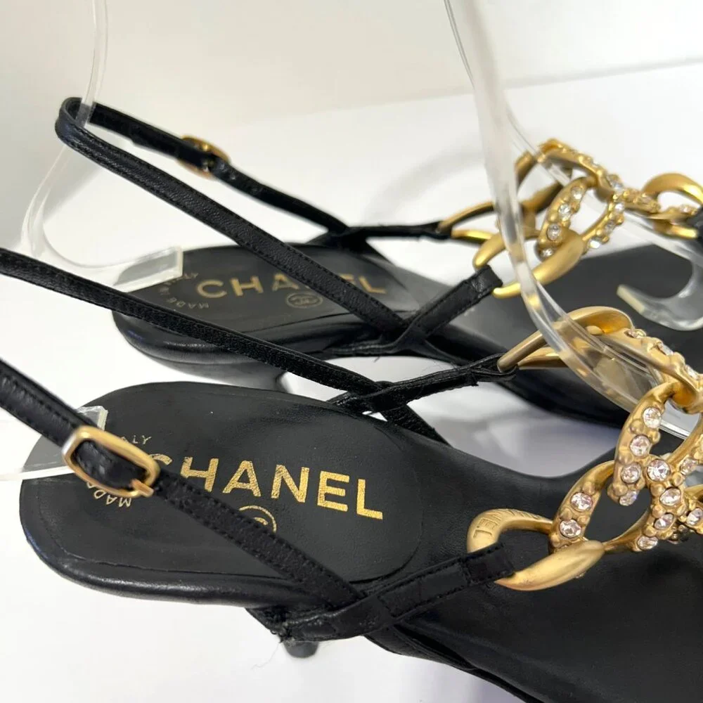 Chanel Sz 36 Black Leather Slingback Heels With Gold Chain Rhinestone Detail